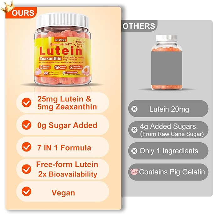 Sugar-Free Lutein Zeaxanthin Supplements Gummies (25mg) Vitamins A, C, E, Bilberry, Astaxanthin - Coconut Oil for Better Absorption - Adults & Teens Vision Health, Eye Strain, Dry Eyes - Vegan, 60Cts