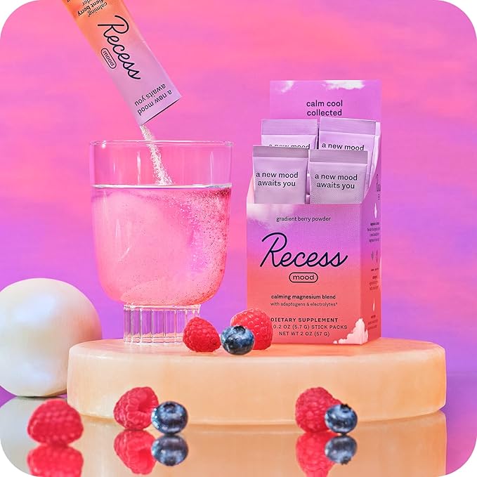Recess Mood Powder, Calming Magnesium L-Threonate Blend with Passion Flower, L-Theanine, Electrolytes, Magnesium Calm Support Supplement - Gradient Berry Pack of 10