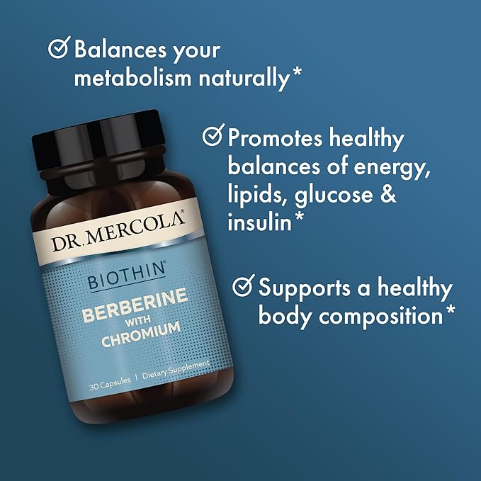 Dr. Mercola Biothin Berberine with Chromium - Supports Healthy Metabolic Function - Enhanced Absorption - Non-GMO, Gluten-Free & Soy-Free - 30 Capsules (30 Servings)