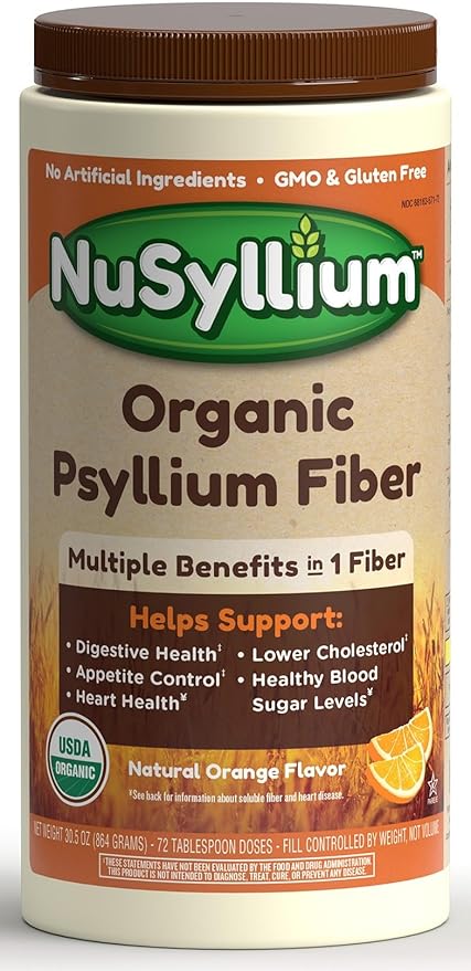 NuSyllium Psyllium Husk Powder, USDA Organic, 30.5 Oz, Dietary Fiber Supplement with Brown Sugar, Helps Digestive Health* Natural Orange, 72 Servings