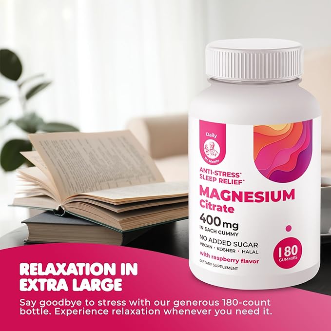 Dr. Moritz Magnesium Gummies for Adults - Low-Sugar 400 mg - Supports restful Sleep- Easy to Chew Adult and Kids Magnesium Citrate Gummies (180 Count) - Raspberry Flavored