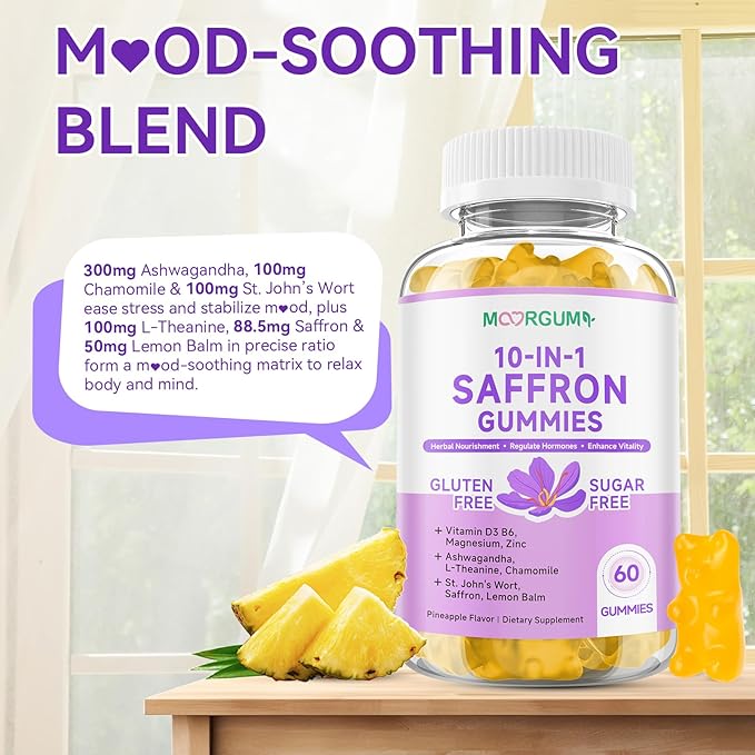 Saffron Gummies for Adult Kids, 10-IN-1 Regulate Cortisol Supplement with Saffron 88.5mg, Vitamin D3, B6, Magnesium, Zinc, Ashwagandha, L-Theanine, St. John's Wort, For Emotions, Slumber, 120 Count