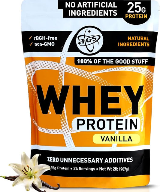 Vanilla Whey Protein Powder 2lb - No Artificial Sweeteners, All Natural Ingredients, Undenatured, No Stevia, Non GMO - 25g Protein for Women & Men Shakes, Smoothies - Aids Muscle Gain
