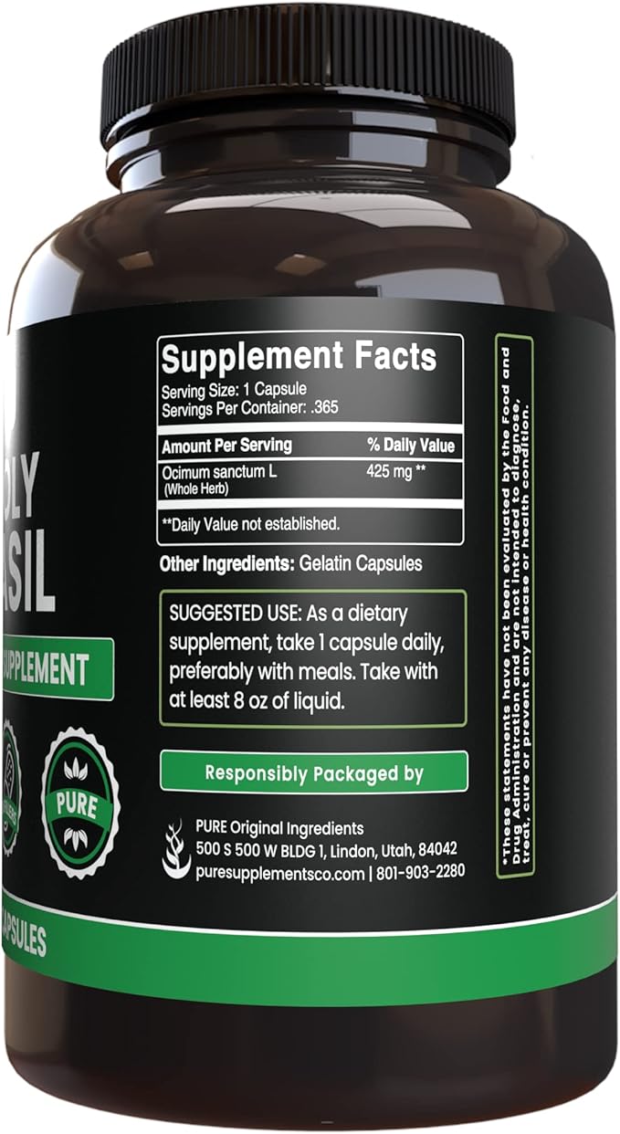 PURE ORIGINAL INGREDIENTS Holy Basil (365 Capsules) No Magnesium Or Rice Fillers, Always Pure, Lab Verified