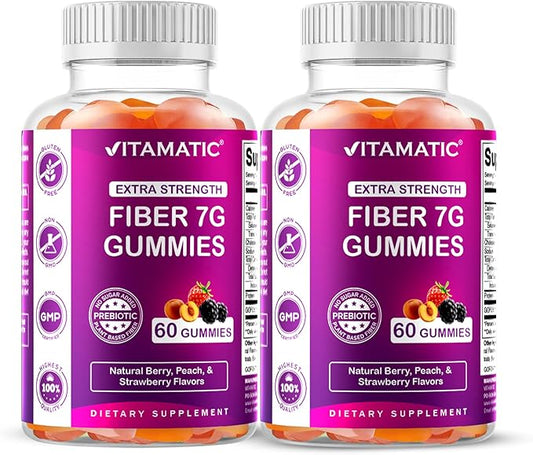Vitamatic Prebiotic Fiber Gummies for Adults – 2 Pack (Total 120 Gummies) 7g Fiber per Serving | Extra Strength | Zero Sugar Added | Pectin-Based | Digestive Health & Regularity Support