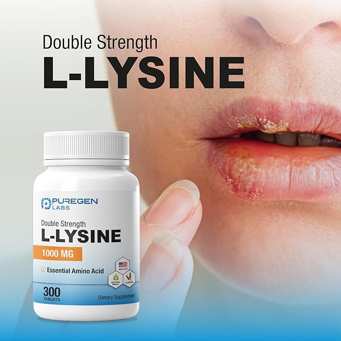 Puregen Labs L-Lysine Extra Strength 1000 MG per Tablet - 300 Servings | High Potency, Immune and Collagen Synthesis Support, Non-GMO, NO Gluten and Dairy - 300 Tablets Made in USA