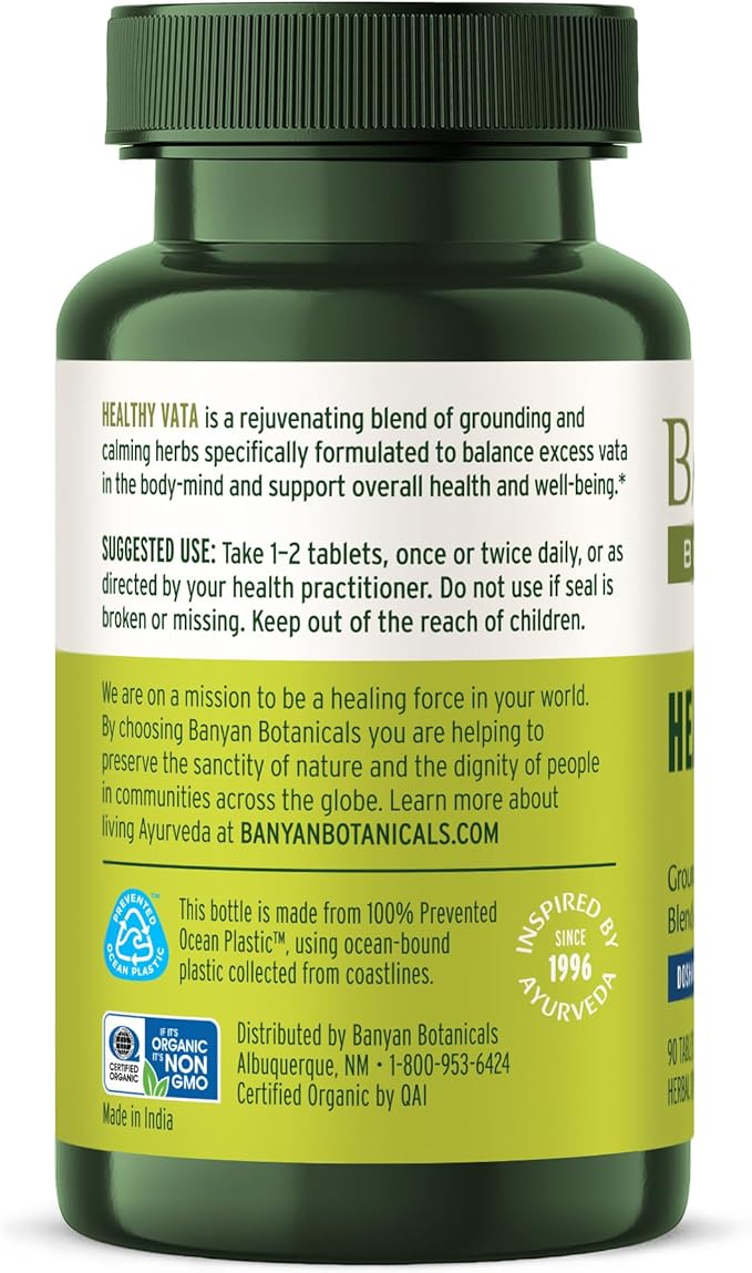 Banyan Botanicals Healthy Vata – Organic Herbal Supplement with Ashwagandha, Shatavari & Other Ayurvedic Herbs for Calm and Balanced Well-Being* – 90 Tablets – Non-GMO Sustainably Sourced Vegan
