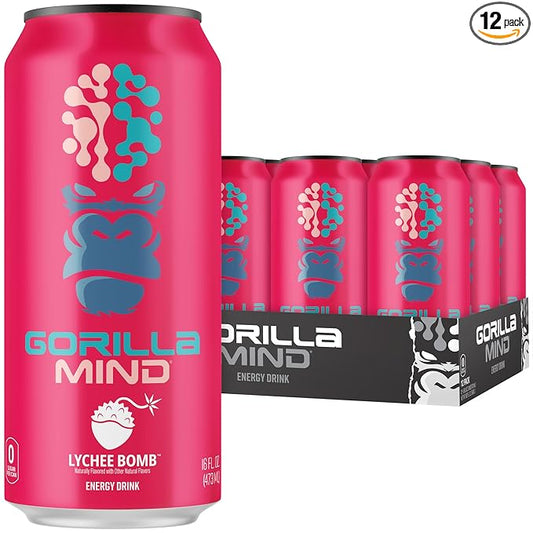 Gorilla Mind Energy Drink | Unmatched Energy · Amplified Focus | N-Acetyl-L-Tyrosine, Alpha-GPC, 200mg Caffeine, Uridine, Saffron | 0 Sugar Or Artificial Colors | 16oz, 12-Pack (Lychee Bomb)