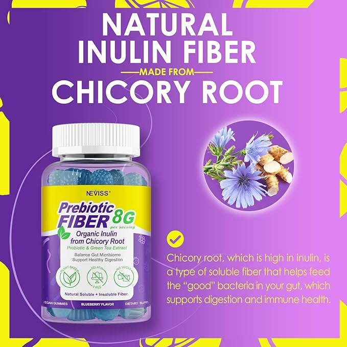 Fiber Gummies for Adults 8g (Inulin, Psyllium Husk, FOS More) with Probiotics, Green Tea Extract, Sugar Free Plant Based Fiber Supplement Blend for Digestive Health, Regularity, Non-GMO, Vegan, 60Cts