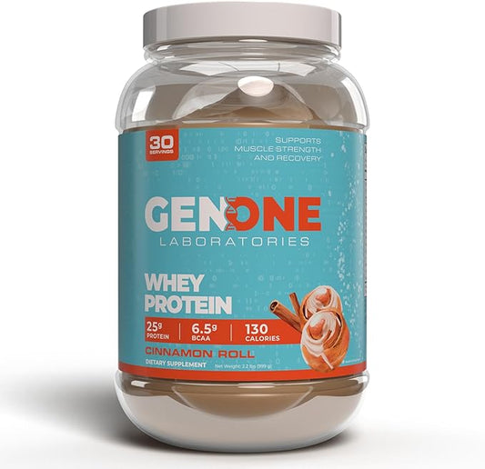 GenOne Whey Protein Powder Isolate, 25g Protein and 6.5g BCAAs per Serving, Cinnamon Roll, Low Carb, Fast Digesting, 30 Servings, 2.25 LB