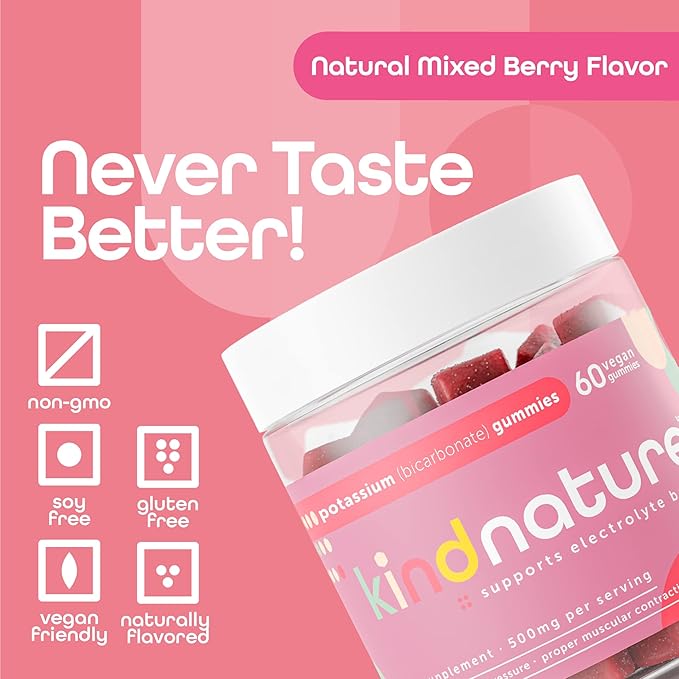 KINDNATURE High Potassium Supplement Gummies 500mg - Chewable for Adults & Kids - Pure Potassium Bicarbonate Mineral Supplement - Vegan, Gluten Free, Non GMO - 60 Gummies (30 Day Supply)