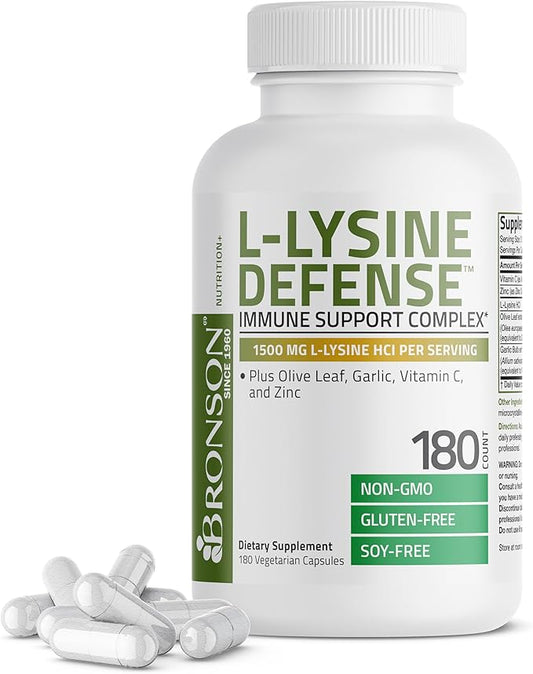 Bronson L-Lysine Defense Immune Support Complex 1500 MG L-Lysine Plus Olive Leaf, Garlic, Vitamin C and Zinc - Non-GMO, 180 Vegetarian Capsules