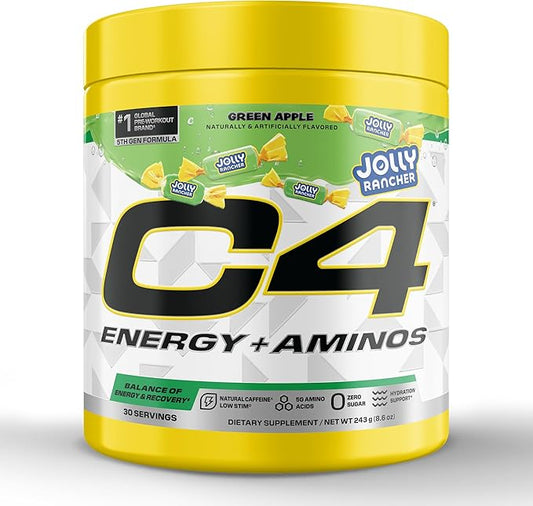 Cellucor C4 Energy + Aminos Powder | Jolly Rancher Green Apple | 5g BCAAs & EAAs for Muscle Recovery, 3 Electrolytes for Hydration, 100mg Natural Caffeine | Pre Workout | Zero Sugar, 30 Servings