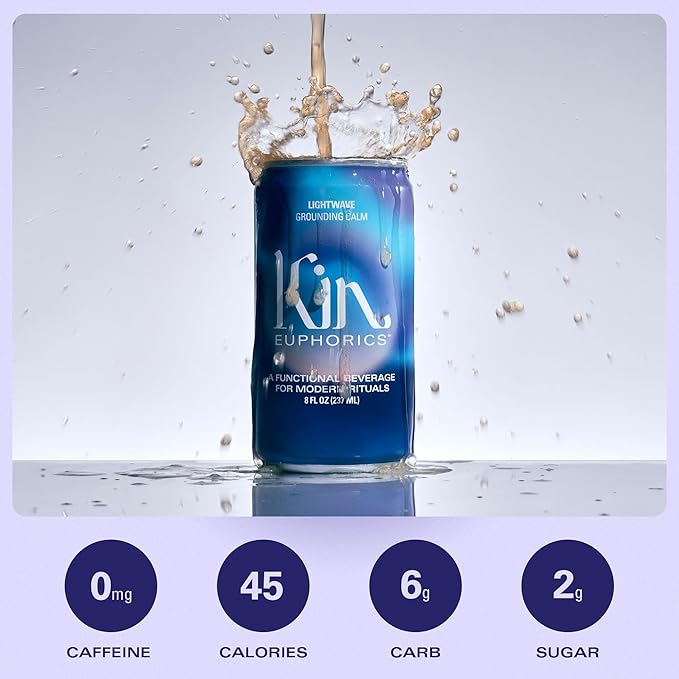 Kin Euphorics Lightwave Non-Alcoholic Functional Beverage | Calm the Mind & Mellow the Mood | Adaptogens, Nootropics, Reishi Mushroom & L-Theanine | 8 Fl Oz (16pk)
