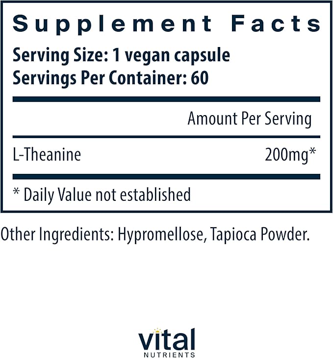 Vital Nutrients L-Theanine 200mg | Vegan Supplement | L Theanine Supplement Supports Normal Stress Levels and Cognitive Function* | Gluten, Dairy and Soy Free | 60 Capsules