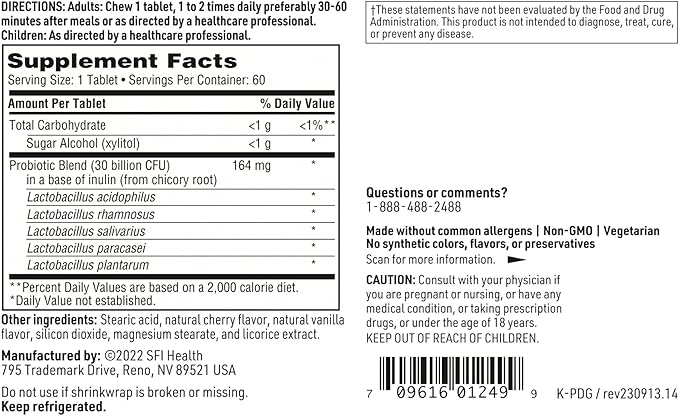 Klaire Labs Prodegin Chewable Probiotic - Powerful Oral Health Support 30 Billion CFU Blend with L. salivarius for Men & Women, Hypoallergenic, Post-Bariatric & GI Support (60 Tablets, 2 Pack)