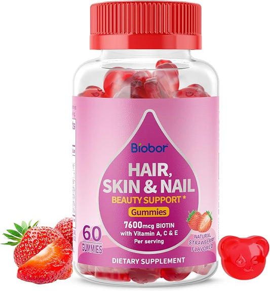 Natural Hair Skin and Nails Vitamins Gummies, 7600mcg Biotin Gummies for Women Men Beauty Support, Non-GMO, Gluten Free (Strawberry Flavor, 60 Count)