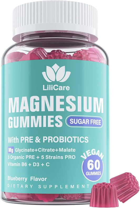 Triple Magnesium Complex Gummies 400mg with Prebiotics & Probiotics 5 Billion CFUs, Magnesium Glycinate, Supplement Gummies with Vitamin B6, D3 & C for Muscles & Mood - 60 Count (Pack of 1)