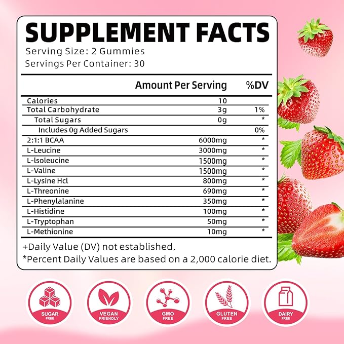 EAA Gummies Essential Amino Acids - All 9 Essential Aminos (EAA) and All Branched-Chain Aminos (BCAAs) for Muscle Recovery, Energy Support, Strawberry Flavor, 60 Count