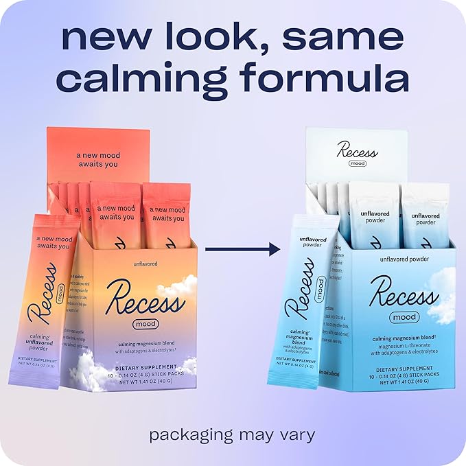 Recess Mood Powder, Calming Magnesium L-Threonate Blend with Passion Flower, L-Theanine, Electrolytes, Magnesium Calm Support Powder Supplement - Unflavored-Pack of 10