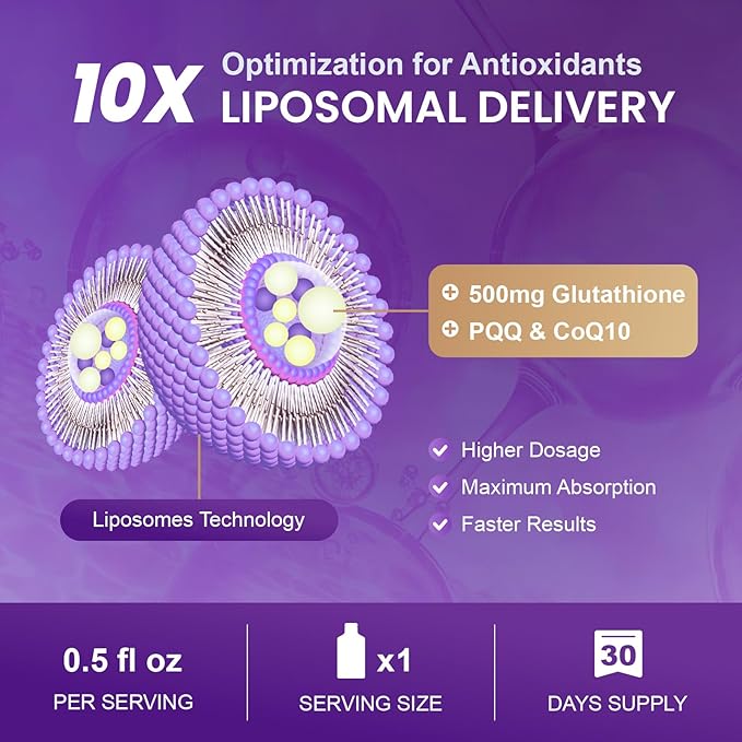 Liposomal Glutathione Supplement – 500mg Glutathione with PQQ, CoQ10 & Vitamin C – High Absorption Antioxidant for Immune & Energy Support – Grape Flavor, 30 Pouch