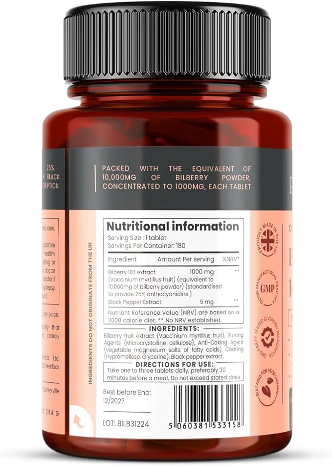 pureclinica Bilberry Extract 10,000mg x 1080 Tablets (6 Bottles of 180) - 10 X More anthocyanidins