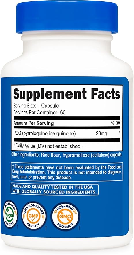 Nutricost PQQ (Pyrroloquinoline Quinone) 20mg, 60 Capsules - Vegetarian Capsules, Non-GMO, Gluten Free