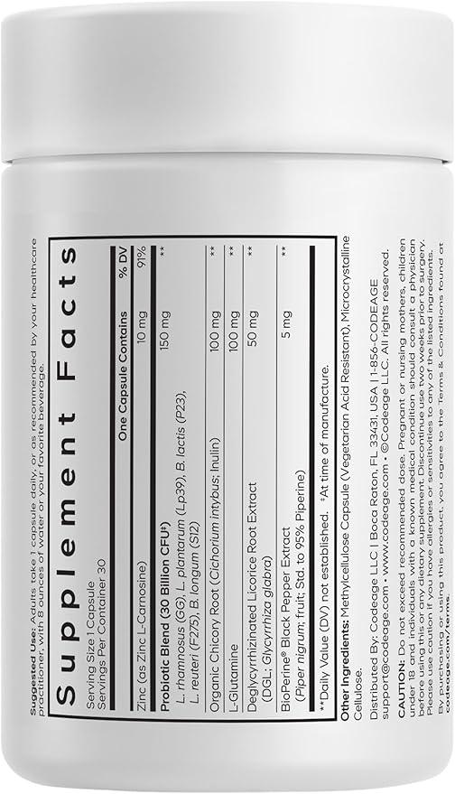 Codeage Daily Synbiotic Supplement - Prebiotics, Lactobacillus & Bifidobacterium Probiotics, L-Glutamine, Zinc L-Carnosine, DGL, Synbiotic Probiotic, BioPerine - Shelf-Stable - 30 Capsules