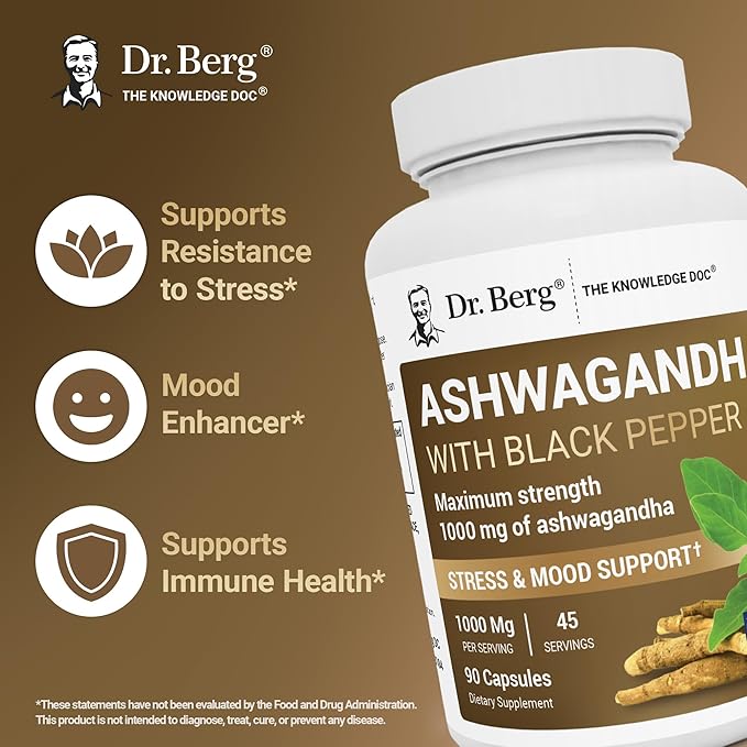 Dr. Berg Ashwagandha Capsules 1000mg - Includes Ashwagandha Root with Black Pepper from Bioperine - Ashwagandha Supplements 90 Capsules