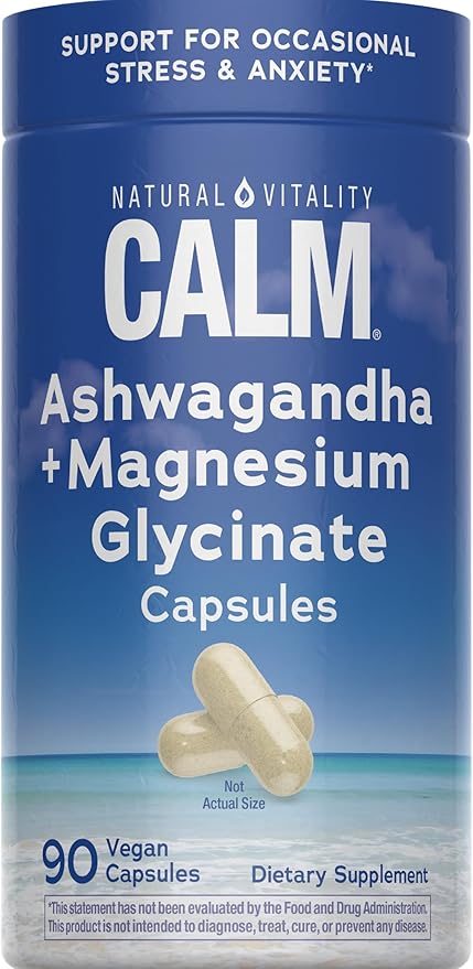 Natural Vitality Calm Ashwagandha + Magnesium Glycinate Capsules | Support for Occasional Stress & Anxiety | Gluten Free Supplement| 90 Count