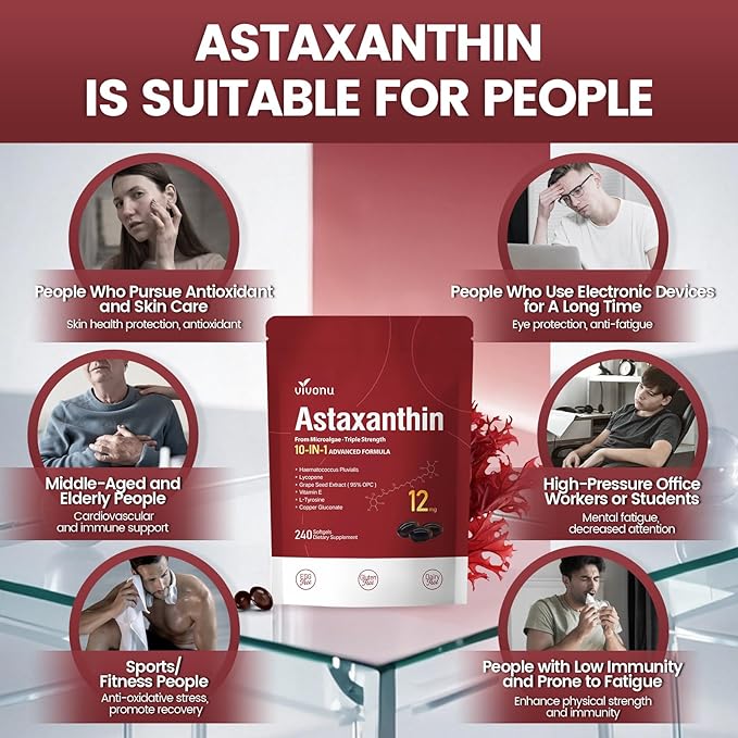 Astaxanthin 12mg, 240 Softgels, Fresh Haematococcus Pluvialis 10 in 1 Astaxanthin Antioxidant Supplements, Contains Lycopene, Grape Seed, Vitamin E, & More Supports Eye, Joints, Skin Health, 1 Bag