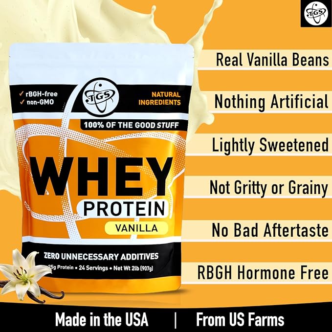 Vanilla Whey Protein Powder 2lb - No Artificial Sweeteners, All Natural Ingredients, Undenatured, No Stevia, Non GMO - 25g Protein for Women & Men Shakes, Smoothies - Aids Muscle Gain