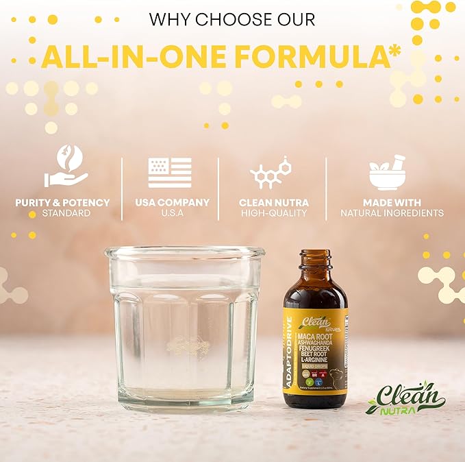 Clean Nutra Organic Maca Root Liquid Drops with Ashwagandha, Fenugreek, Beet Root and L-Arginine Liquid Multivitamin for Women and Men - Adapto Drive