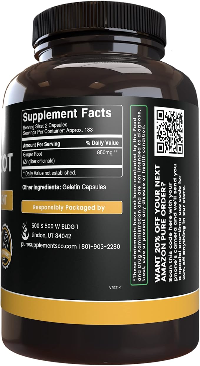 Pure Original Ingredients Ginger Root (365 Capsules) No Magnesium Or Rice Fillers, Always Pure, Lab Verified