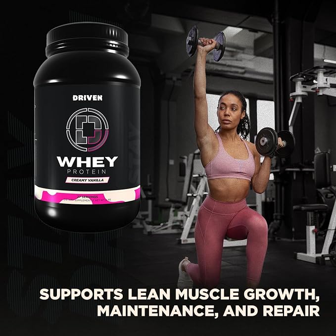 Driven WHEY- Grass Fed Whey Protein Powder: Delicious, Clean Protein Shake- Improve Muscle Recovery with 23 Grams of Protein with Added BCAA and Digestive Enzymes (2 lb, Creamy Vanilla)