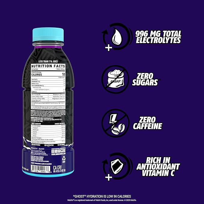 GHOST Hydration Drink, Welch’s Grape - RTD Sports Drink with Electrolytes, Natural Vitamins & Minerals - All Day Lifestyle Hydration Beverage - Zero Caffeine & Zero Sugars - 16.9 Fl Oz, 12 Pack