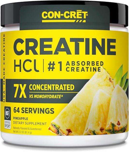 CON-CRET Creatine HCl Powder | Muscle, Cognitive, Cellular Energy Support | No Bloating or Cramps | USA Made & NSF Certified | Pineapple (64 Serving)