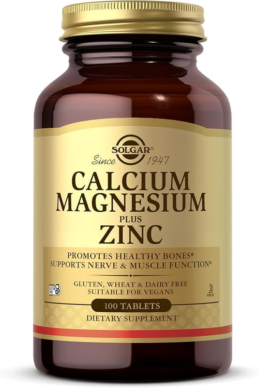 Solgar Calcium Magnesium Plus Zinc, 100 Tablets - Promotes Healthy Bones and Teeth - Supports Nerve & Muscle Function - Non-GMO, Vegan, Gluten Free, Dairy Free, Kosher - 33 Servings