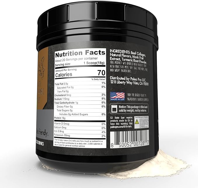 PaleoPro Bone Broth Collagen Protein Powder - Turmeric Root Grass-Fed Collagen Powder for Skin & Bones - Gluten Free, No Sugar, Soy, Grains, Net Carbs - Paleo Keto Friendly 20 Servings Ancient Vanilla