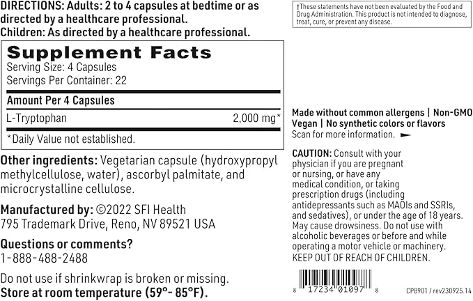 Klaire Labs SFI Health L-Tryptophan - 2000 Milligrams Amino Acid Precursor to Serotonin & Melatonin, Mood & Sleep Support (90 Capsules)