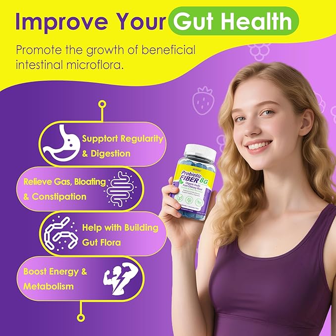 Fiber Gummies for Adults 8g (Inulin, Psyllium Husk, FOS More) with Probiotics, Green Tea Extract, Sugar Free Plant Based Fiber Supplement Blend for Digestive Health, Regularity, Non-GMO, Vegan, 60Cts
