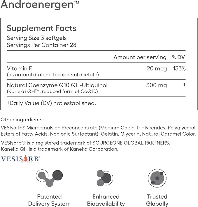 AndroEnergen Male Fertility Supplements, Ubiquinol 100mg CoQ10 Softgels to Support Men’s Reproductive & Sperm Health with Kaneka QH CoQ10 & VESIsorb® Absorption Technology (84 Softgels 28 Day Supply)