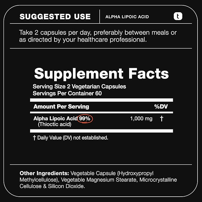 Toniiq 1000mg Ultra High Strength Alpha Lipoic Acid Capsules - Highly Purified 99%+ USP Standard - 120 Capsules ALA Supplement