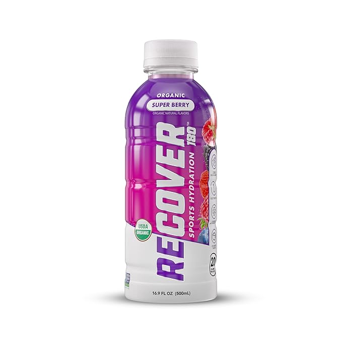 RECOVER 180 Organic Sports Hydration Drink, No Sugar Added, 20 Calorie Sports Beverage, Organic Flavors With Vitamins, Potassium-Packed Electrolytes (16.9 Fl Oz (Pack of 12), Super Berry)