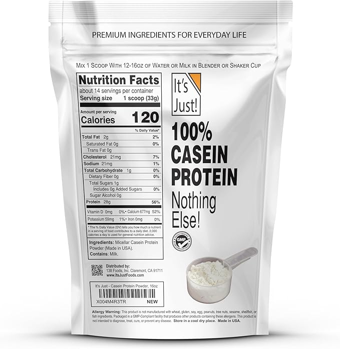 It's Just! - 100% Casein Protein Powder, Made in USA, One Ingredient, Slow Burning, Time Release (1 Pound (Pack of 1), Unflavored)