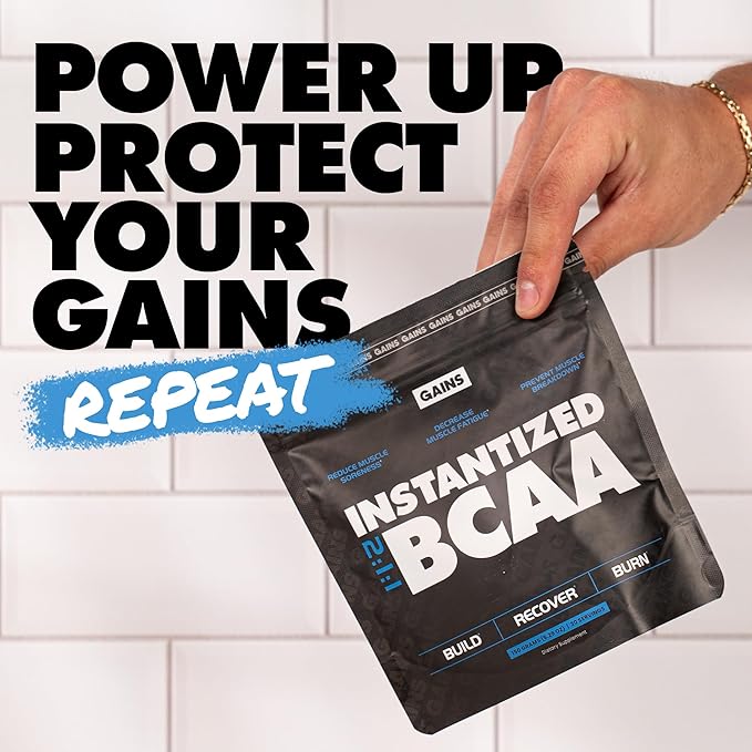 Gains in Bulk BCAA Powder, Pre Workout Plant Based Branch Chain Amino Acids, Gluten Free, Vegan Supplement with Keratin for Endurance & Strength During & Post Workout, Unflavored, 30 Servings