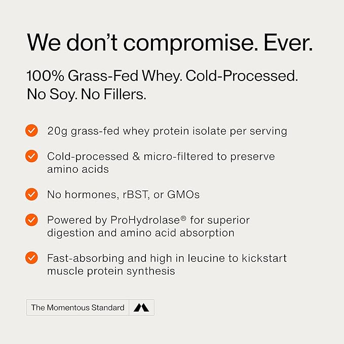 Momentous Essential Grass-Fed Whey Protein Isolate, 24 Servings Per Pouch for Essential Everyday Use, Gluten-Free, NSF Certified (Chocolate)