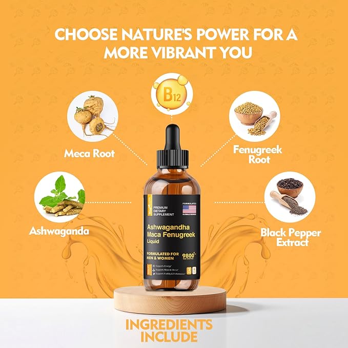 Maca Root Liquid Drops with Ashwagandha and Fenugreek - 60 Day Servings - Focus, Energy and Performance - Liquid Multivitamin for Women and Men - Adapto Drive, Vegan Drops