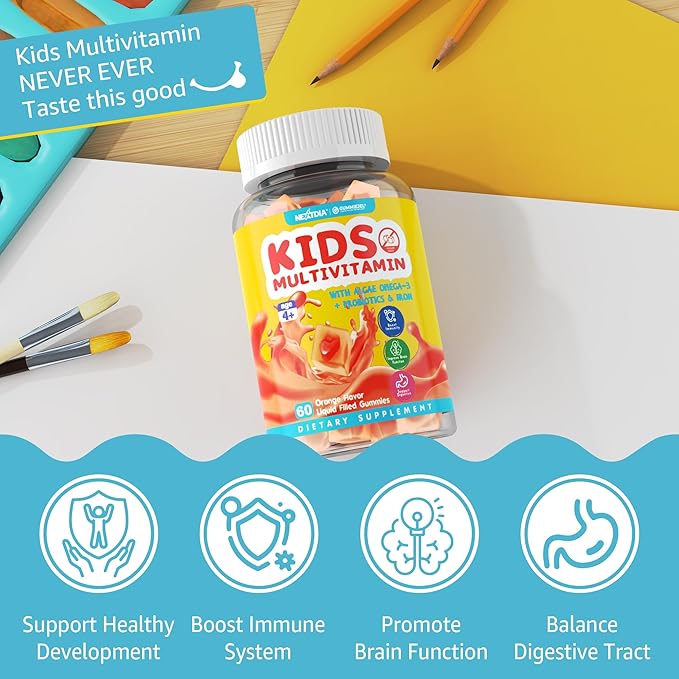 Kids Multivitamin Gummies with Iron, Sugar Free, Kids Daily Vitamins + Probiotics, Algae Omega 3 (EPA/DHA), A, C, D, Methyl B12, Folate, B6, Zinc, Biotin, for Healthy Growth, Immune Support, 60 Count