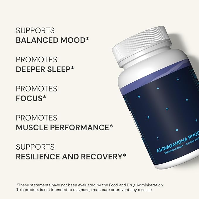 Blueprint Bryan Johnson Ashwagandha & Rhodiola Supplement – 120mg Ashwagandha + Rhodiola Root – Daily Adaptogen Capsules for Stress Support, Mood Balance, Energy & Focus – 30 Vegan Capsules